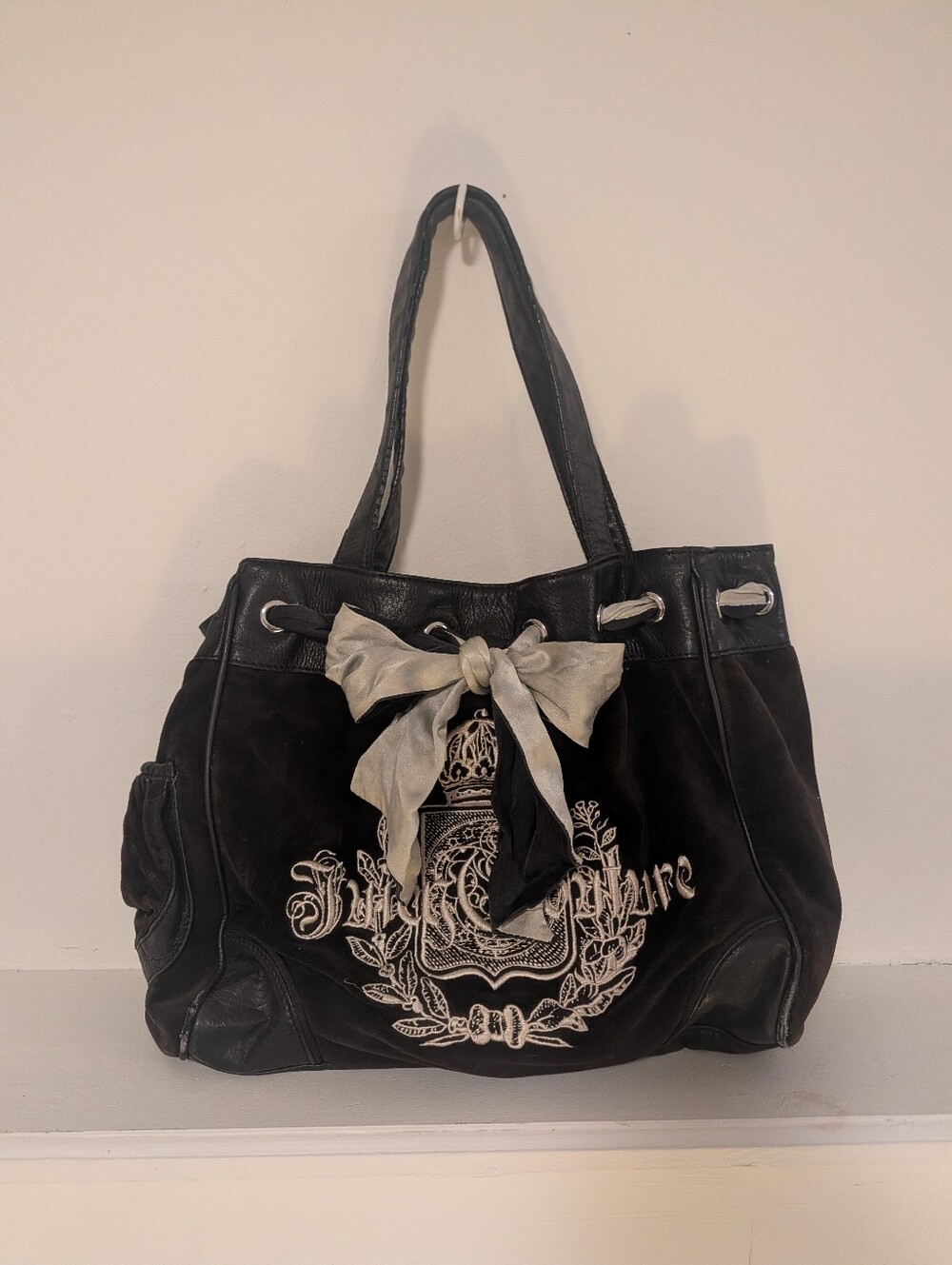 Juicy Couture Black Velour Daydreamer Tote Bag, featuring a grey/silver Bow